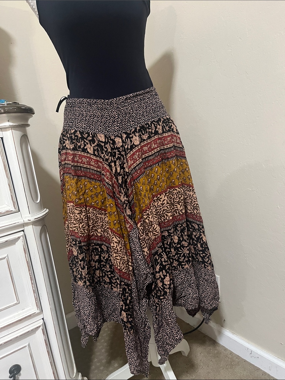 Boho Maxi Skirt with Mixed Patchwork in Mustard, Burgundy & Black